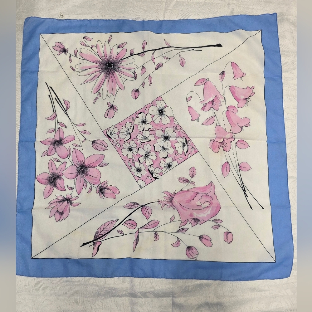Vintage Made in Italy Floral Square Scarf Blue & Pink - Picture 2 of 10